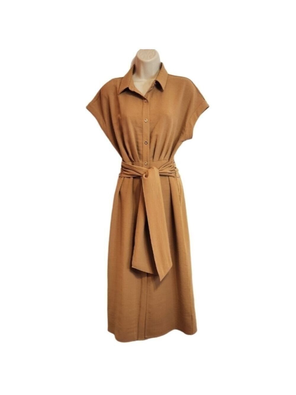 Worthington Tan Tie Waist Midi Shirt Dress X Small